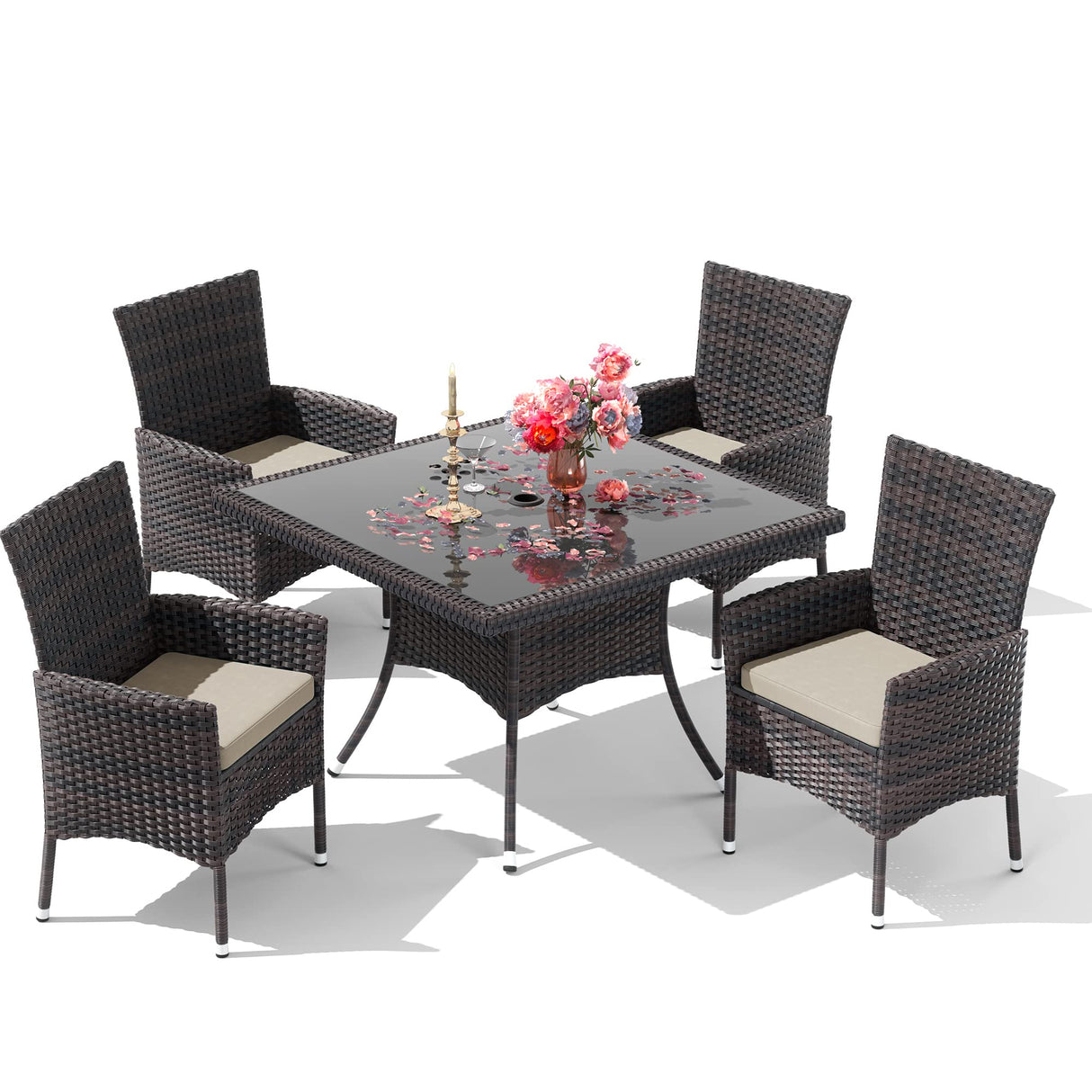 RTDTD 15 Pieces Patio Dining Set Outdoor Rattan Furniture Dinning Set with 3 Square Glass Tabletops 12 Chairs with Brown Cushions for Patio, Backyard Outdoor Kitchen Lawn & Garden RTDTD