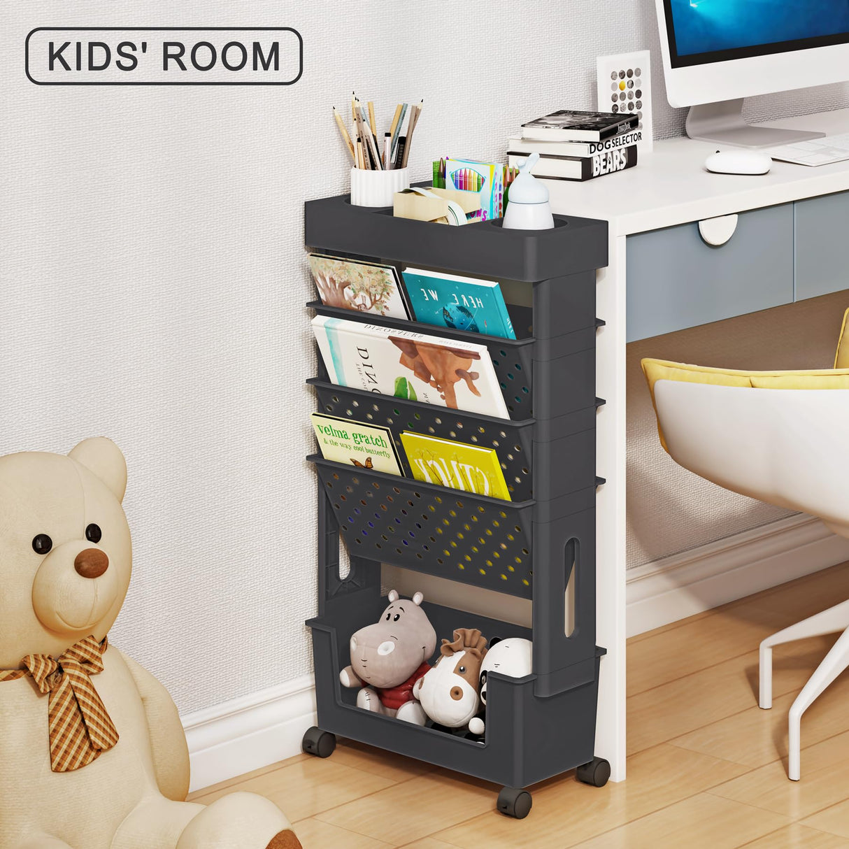 yeavs 5-Tier Mobile Bookshelf, Rolling Bookcase Book Storage Rack, Movable File Folder Organizer Cart with Wheels for Home Study Office Living Room Classroom, Black yeavs