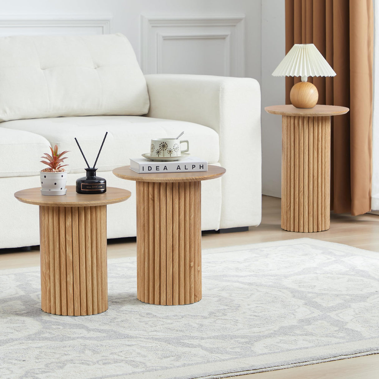 Bifins Round Nesting Coffee Table Set of 3,Mid Century Modern Fluted Coffee and End Table Set,Small Circle Wooden Side Table Drink Table for Living Room (Natural) Bifins