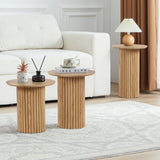 Bifins Round Nesting Coffee Table Set of 3,Mid Century Modern Fluted Coffee and End Table Set,Small Circle Wooden Side Table Drink Table for Living Room (Natural) Bifins