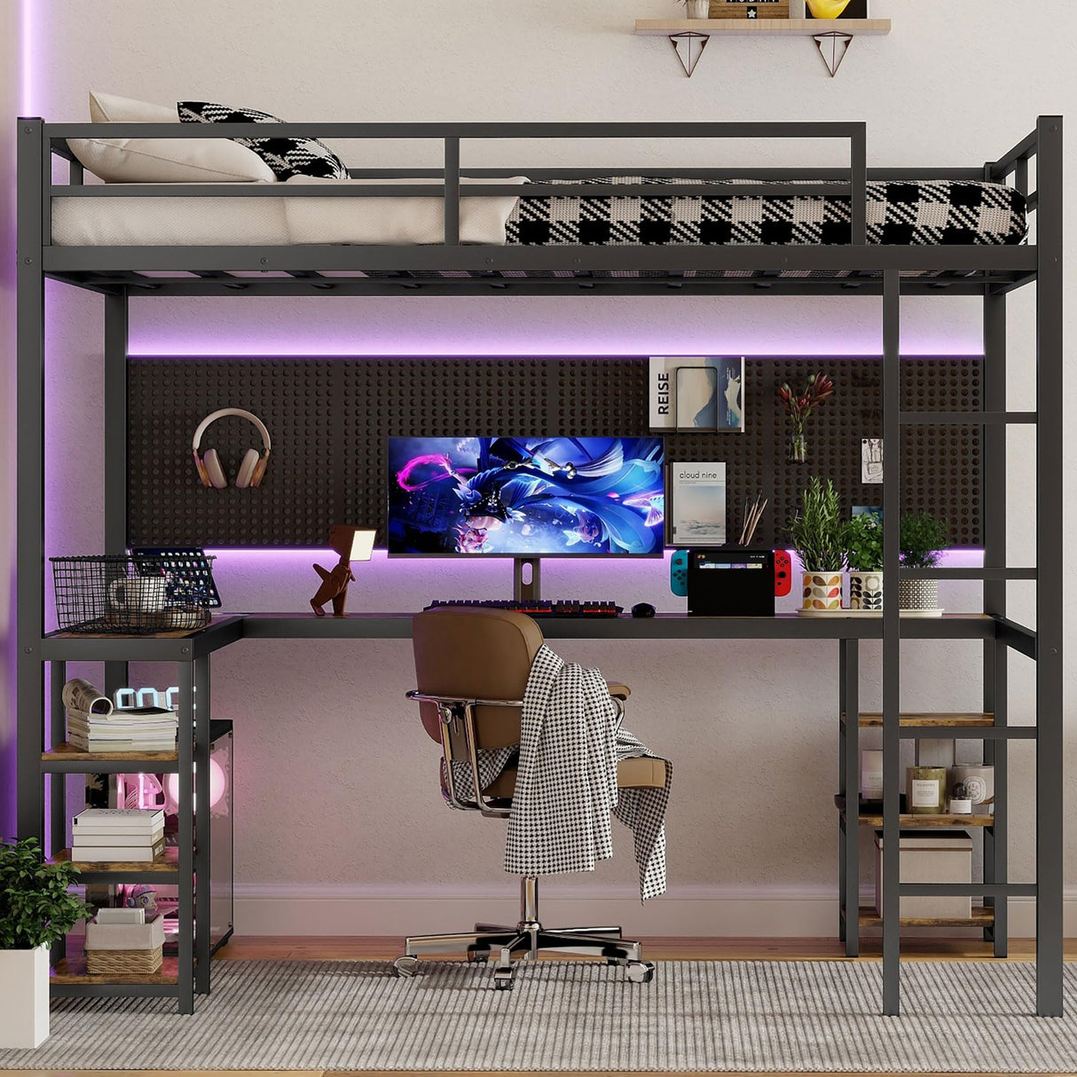 Full XL Loft Bed with Desk and Storage Shelves, Heavy Duty Loft Bed with Desk and Ladder, Full XL Loft Bed for Kids, Teens(Vintage Desk) Bellemave