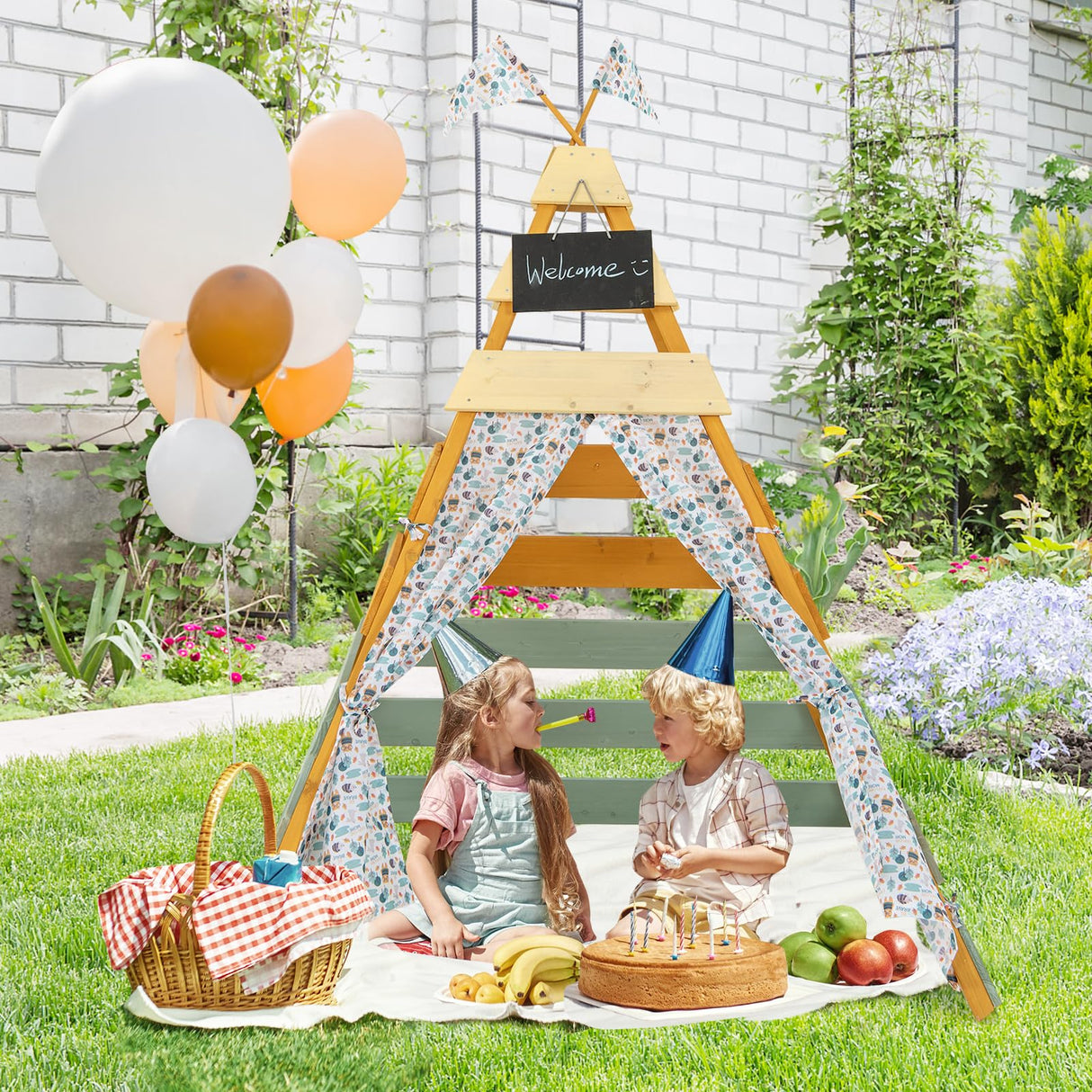 Costzon Kids Tent, Large Wooden Indoor Outdoor Triangle Hideaway Playhouse with Machine Washable Flags, Removable Chalkboard & Door Curtains, Teepee Tent for Kids Children 3-8 Years Old Costzon