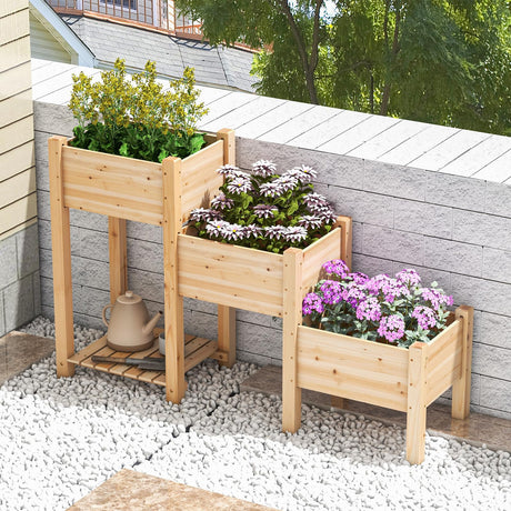 HAPPYGRILL 3-Tire Raised Garden Bed, Wooden Raised Planter Box with 3 Planter Boxes, Drainage Holes, Open Storage Shelf, Outdoor Garden Bed with Legs for Plant, Fruit, Vegetable, Flower, Herb HAPPYGRILL