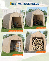 GarveeLife 6x8 FT Portable Outdoor Storage Shed with 2 Roll-Up Zipper Doors & Vents, 240G Heavy-Duty Shelter Waterproof PE Tarp, UV-Resistant Carport for Motorcycle, Firewood, Tools -Khaki GarveeLife