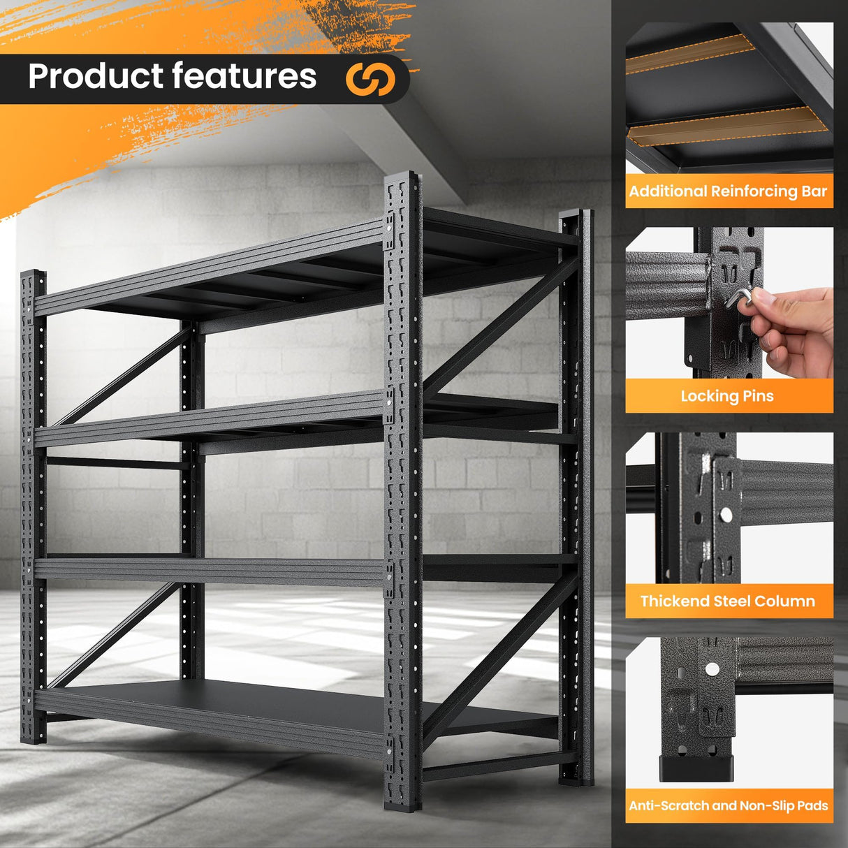 Set of 2 Storage Shelves, 4 Tier Heavy Duty Garage Shelving Units, 48” Wide Rack Shelf, 3000LBS Steel Industrial Shelving, 24” Deep Adjustable Standing Shelf for Warehouse 24" D x 48" W x 70" H Black AFAIF