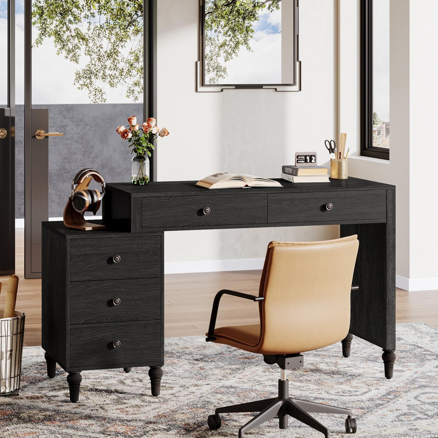 Tribesigns Computer Desk with 5 Drawers, Wood Home Office Desk with Reversible File Drawers and Printer Stand, Black Writing Desk, Study Table Workstation for Small Spaces - WoodArtSupply