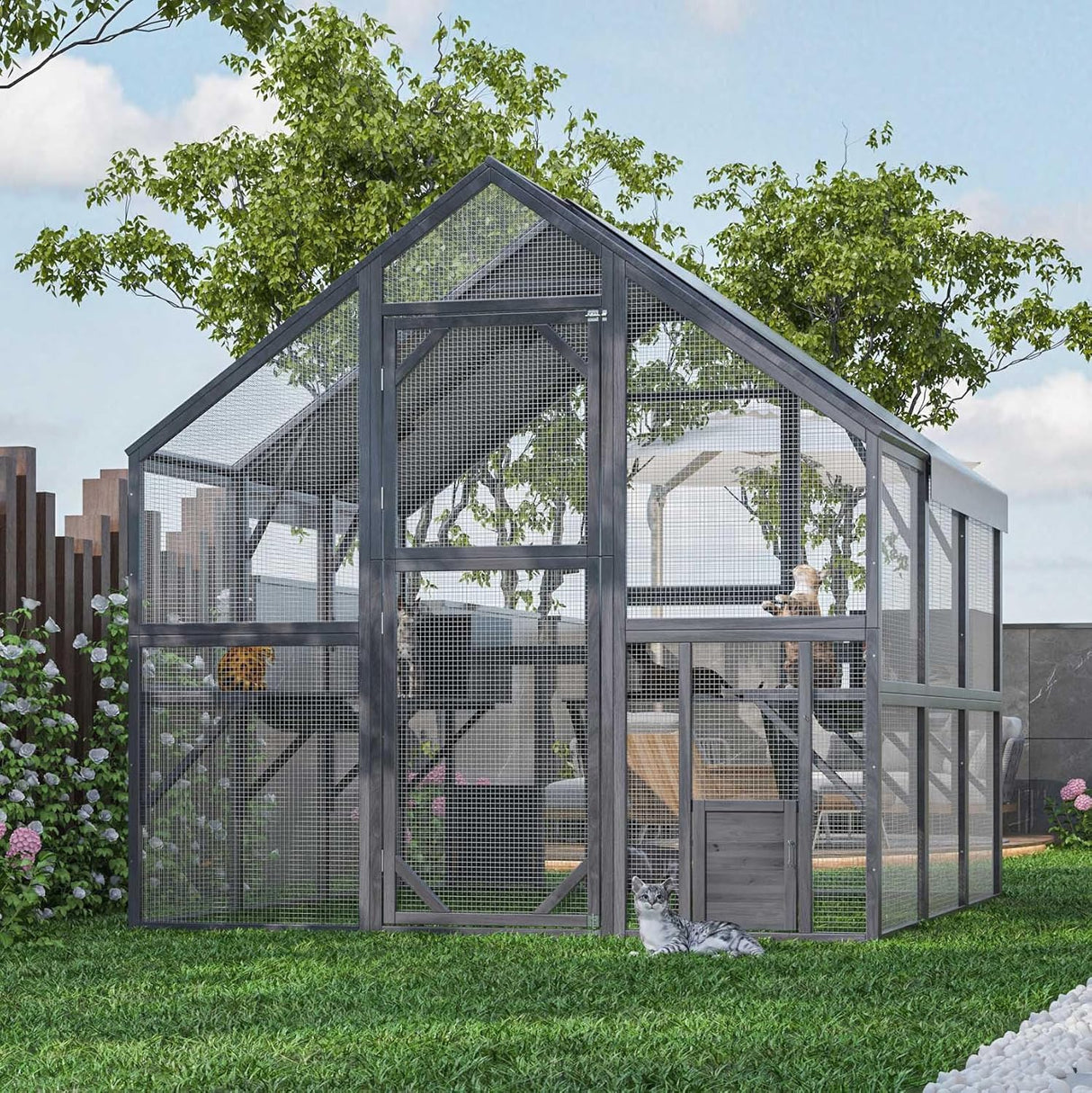 Lovinouse 43ft² Large Outdoor Cat House Catio, Luxury Wooden Cat Run Enclosure Walk in Kitten Condo with 2 Doors, 2 Playpen & Hiding Houses, Bridges, Walks, Roof Cover,Grey Lovinouse