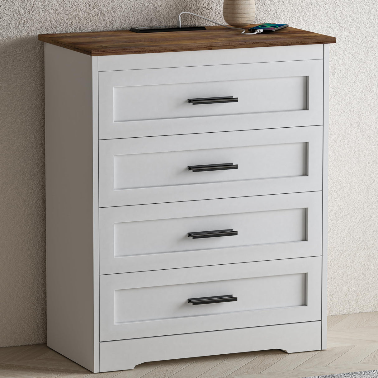 GEPELCN Farmhouse 4 Drawers Dresser for Bedroom Rustic Chest of Drawers with Natural Texture White Drawers Organizer for Living Room Hallway GEPELCN