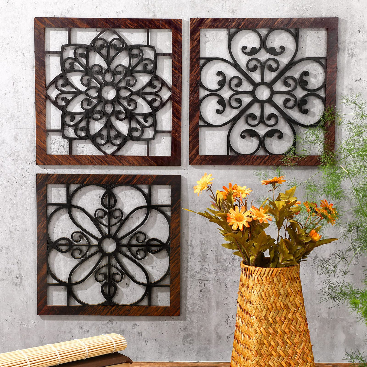 Yulejo 4 Pieces Thicken Rustic Wall Decor Farmhouse Wall Art Decor Wooden Hollow Carved Design Rustic Wall Art for Living Room Bedroom Hallway Decor Office Kitchen Wall Decoration (Brown, Black) Yulejo