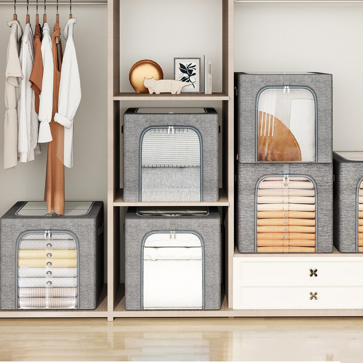 GoMaihe Clothes Storage Bin with Metal Frame: 6-Pack Stackable Closet Storage Bin with Lid & Clear Window, Sweater Boxes Storage for Closet Bedding Clothing Storage Organizer 40L GoMaihe