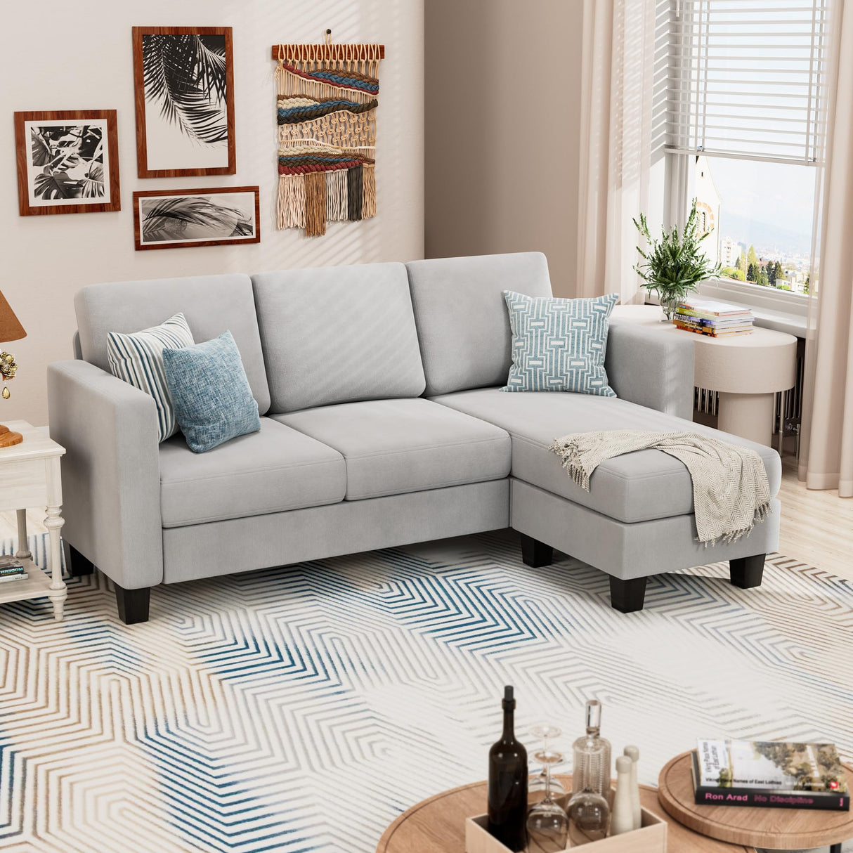 YESHOMY Convertible Sectional Small Sofa L-Shaped Couch Seat with Modern Linen Fabric, for Living Room, Apartment,Study and Office, 70", Light Gray YESHOMY