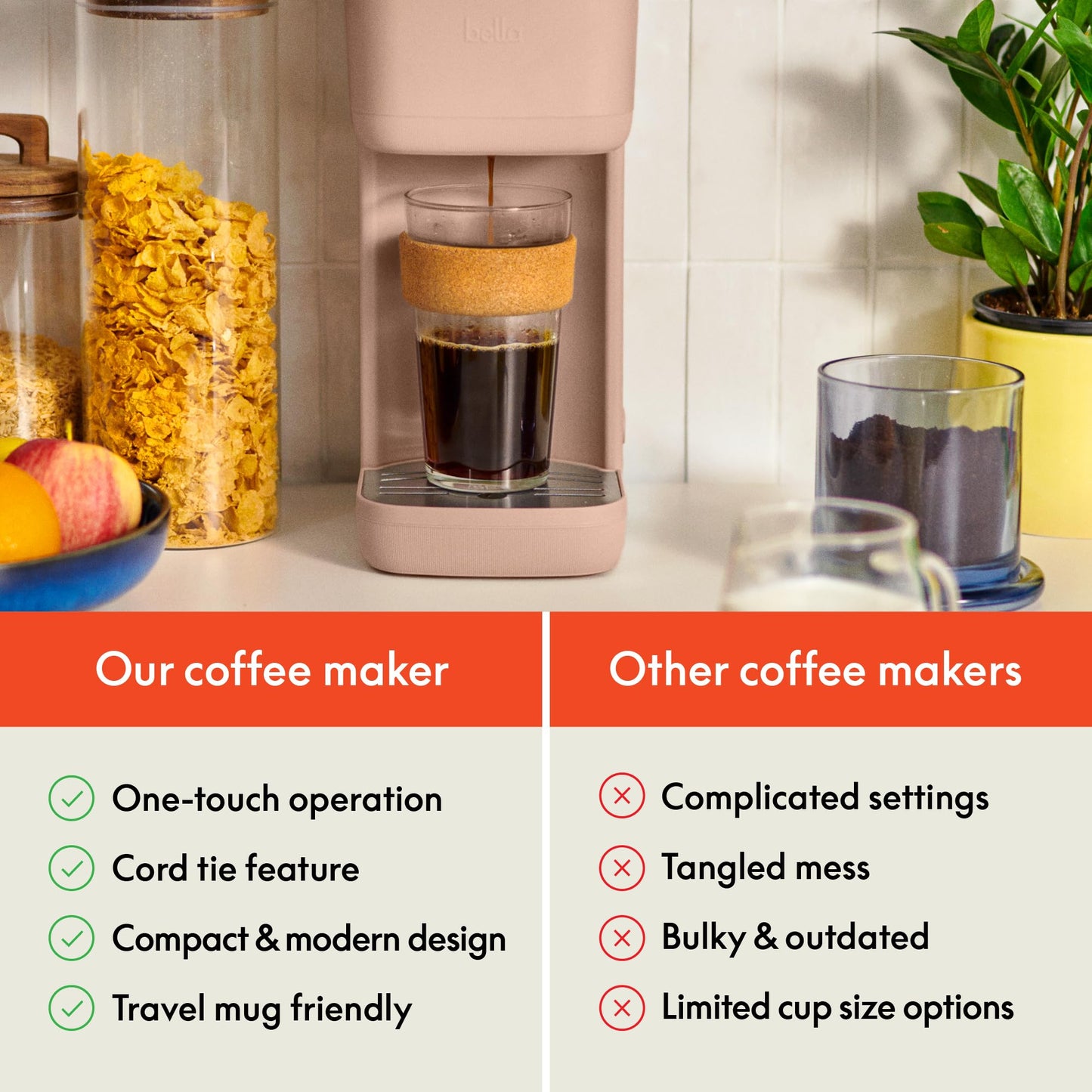 BELLA Single Serve Coffee Maker, K Cup & Coffee Ground Compatible with Removable, Adjustable Drip Tray, Auto Shutoff & Reusable Dishwasher Safe Accessories, Brews 6oz to 14oz, 1000 Watt, Blossom