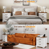 HOPUBUY 22" Farmhouse Nightstand Set of 2 with Charging Station, Wood Night Stand with Antique Handles, 3 Drawer Night Stand Tall Nightstand for Bedroom, Off White and Brown Top HOPUBUY