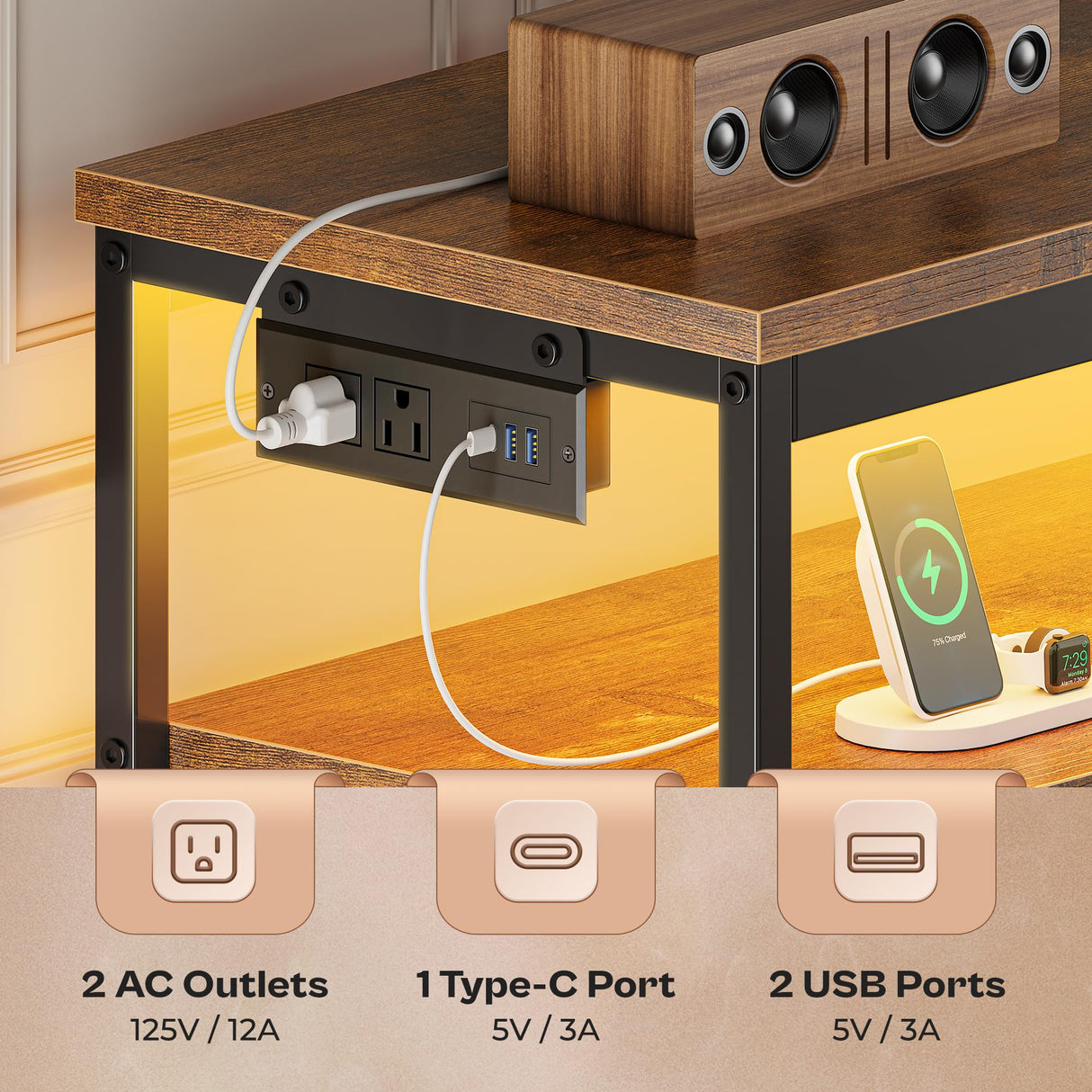 Huuger LED TV Stand for Bedroom, 47 Inch Dresser with Power Outlets, Entertainment Center for 55, 50, 43 Inch TV, 6 Drawer Dresser for Bedroom, Chest of Drawers with Shlef, PU Leather, Rustic Brown Huuger