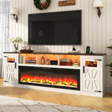 Fireplace TV Stand for 100 Inch TV, 95" Farmhouse Entertainment Center with 60" Electric Fireplace & LED Lights, Large Media Console for Living Room, Rustic Barn Doors, Power Outlets, Antique White chartustriable