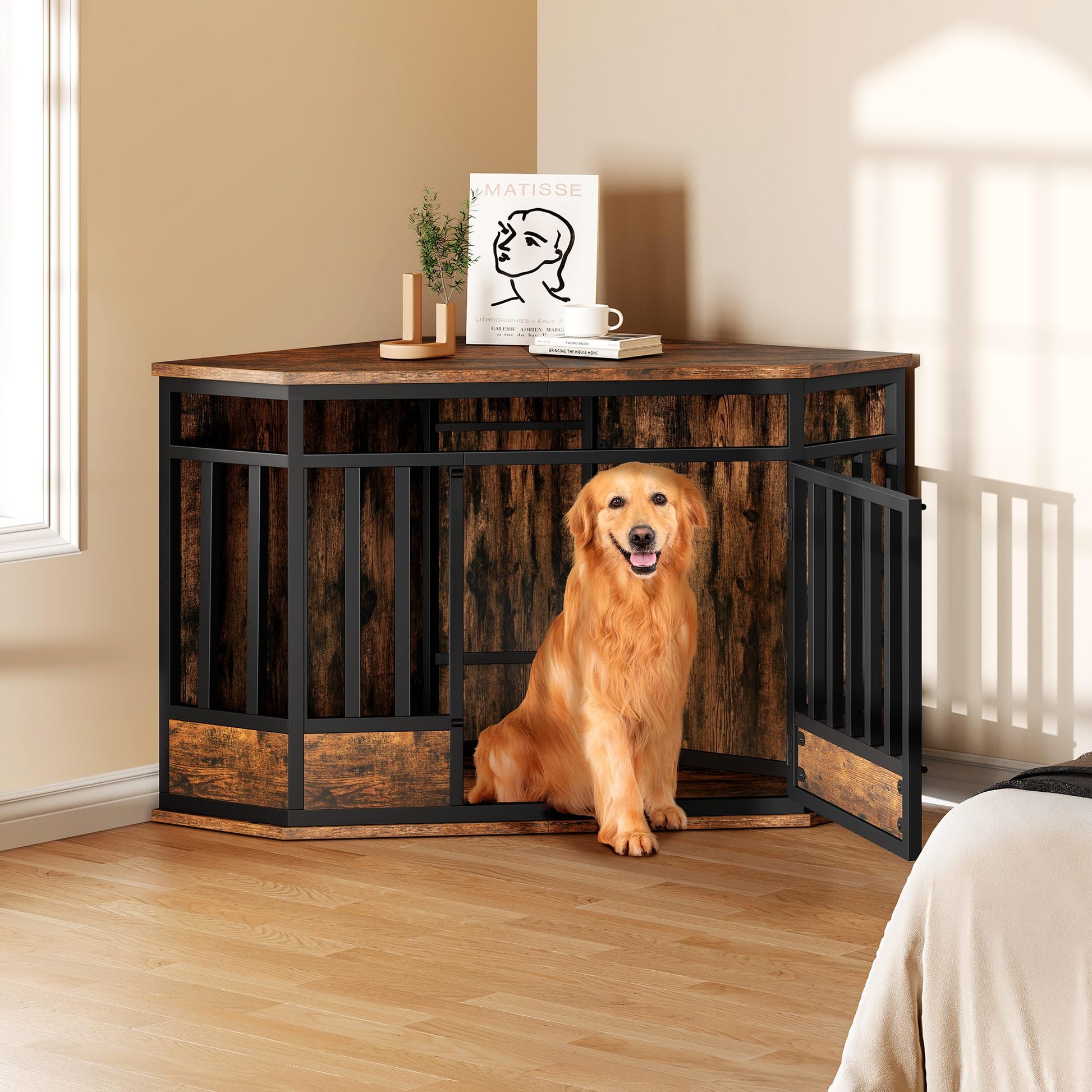 YITAHOME 52 Inch Corner Dog Crate Furniture, Heavy Duty Dog Kennel Indoor Furniture End Table Side Table Dog Crate, Modern Indoor Pet Crate Wooden Dog Crate for Large Dogs, Rustic Brown - WoodArtSupply