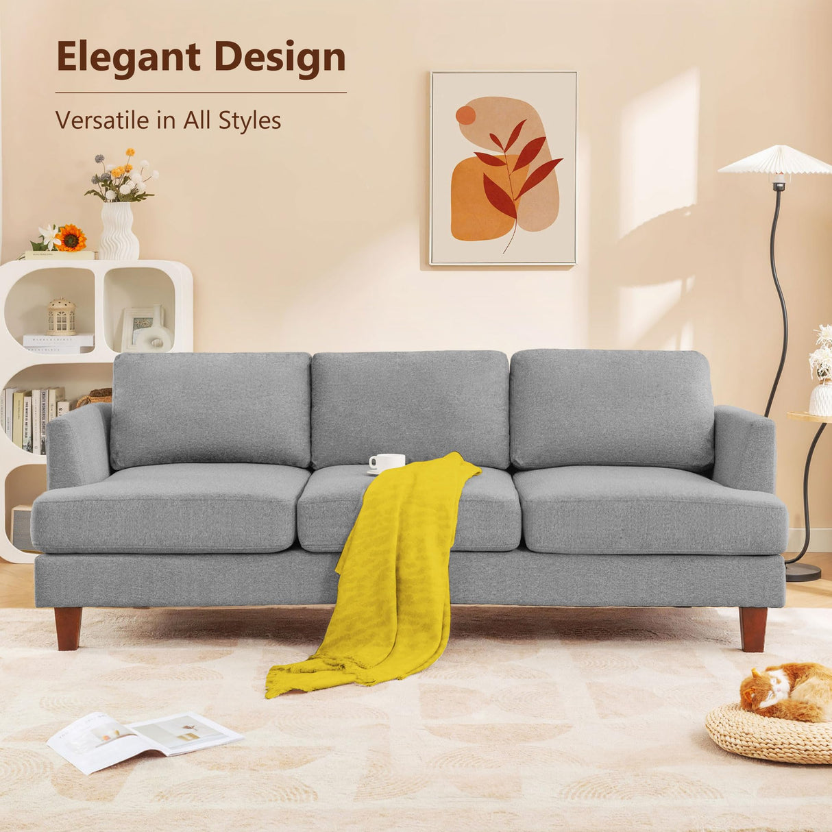 Busaurus 3 Seater Sofa Couch with Deep Seats, 89" Mid Century Modern Upholstered Sofa with Armrests, Comfy Couches for Living Room, Bedroom, Apartment and Office (Grey) Busaurus