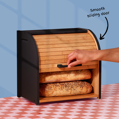 HOMEFULLY Bamboo Double Layer Bread Box for Kitchen Countertop, Roll Top Bread Box Wood, Extra Large Bread Box for Kitchen Storage, Modern Bread Bin Wooden (Black)