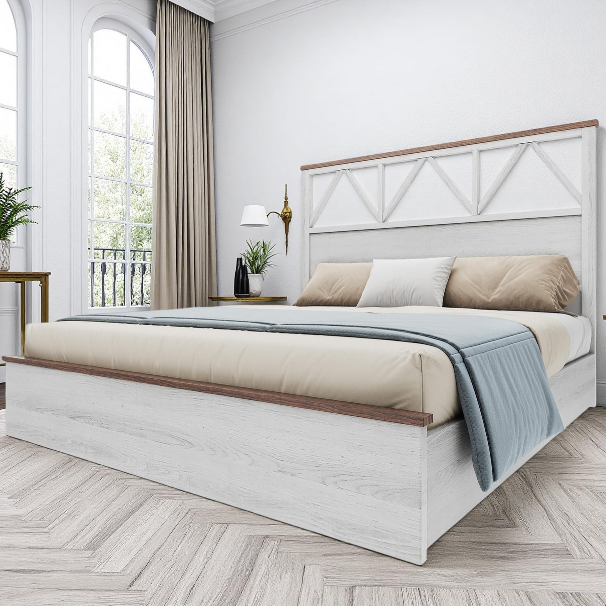 YITAHOME Farmhouse Queen Size Bed Frame with 47.2'' Headboard, Platform Rustic Wood Bed Frame with Slats, Sturdy and Noiseless, No Spring Needed, White YITAHOME