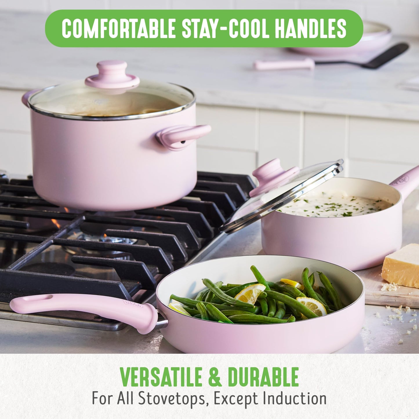 GreenLife Soft Grip 16 Piece Cookware Set, Non-Toxic PFAS-Free Ceramic Nonstick, Frying, Sauce, Saute, Utensils, Glass Lids, Stay-Cool Handles, Wobble Free, Dishwasher & Oven Safe, Soft Pink