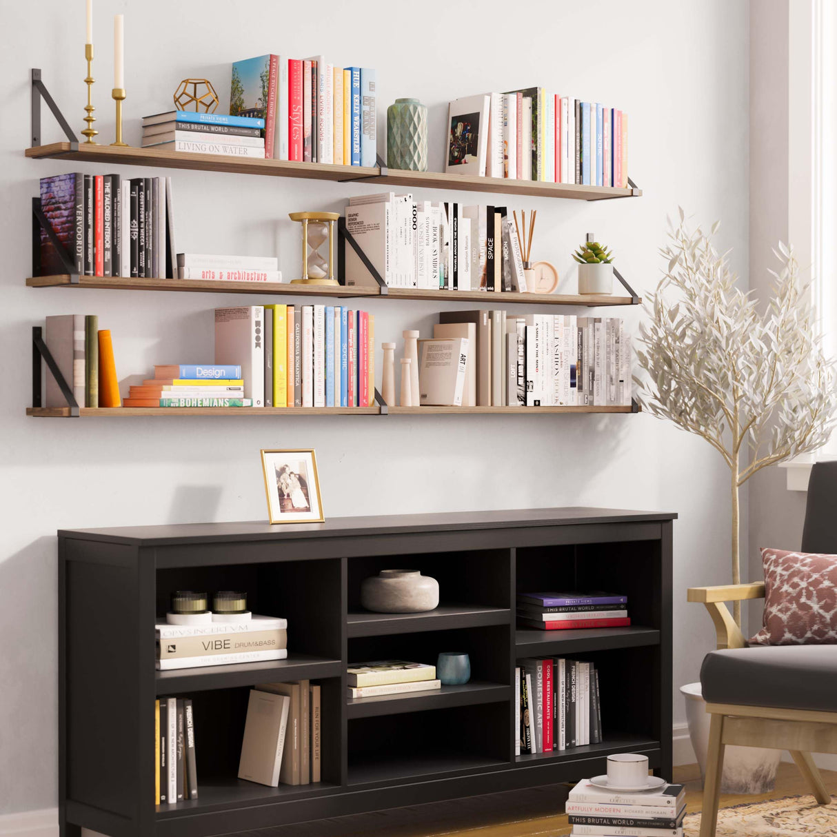 Wallniture Bora 60" x 6" Rustic Floating Shelves for Wall, Shelves for Bedroom, Office & Kitchen Storage Shelf, Wall Bookshelf, Set of 3, Burnt, Wood Wallniture