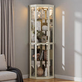 Trygoal Lighted 3-Side Glass Display Curio Cabinet, Corner China Cabinet with Tempered Glass Doors, Wooden Display Case with Light Bulb for Living Room, Antique White Trygoal