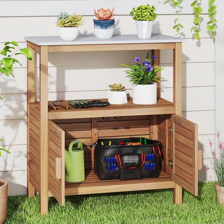 Giantex Outdoor Potting Bench, Acacia Wood Planting Workstation with 2-Door Storage Cabinet, Faux Marble Tabletop, Open Storage Shelves, Garden Potting Table for Horticulture Giantex