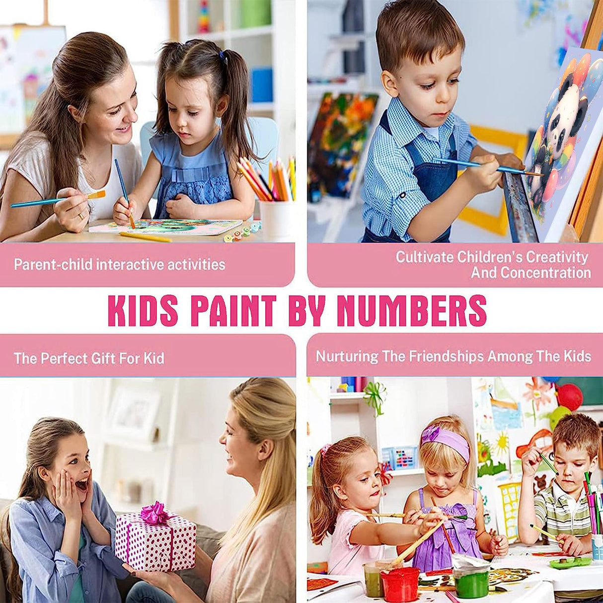 4 Pack Animal Paint by Number for Kids with Wooden Frame, Paint by Numbers for Kids Animals Ages 4-8-12, Easy Panda Sea Turtle Owl Cow DIY Acrylic Oil Painting Kits for Home Wall Decor (8X8 inch) xackcme