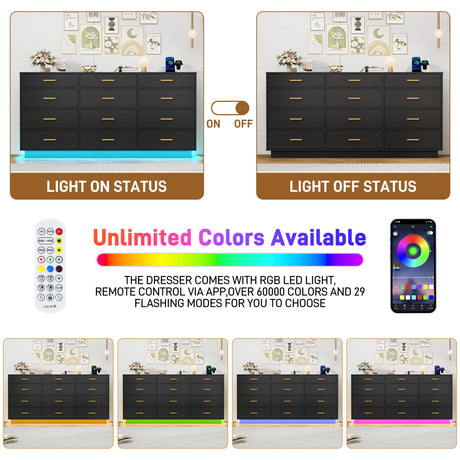 12 Drawers Dresser W/Power Outlets for Bedroom, 63inch Drawer Dressers W/6000 Colors Lights, Wood Tall Dresser Storage Organizer,Black Chest of Drawers for Closet, Hallway, Entryway, Living Room jiteentarou