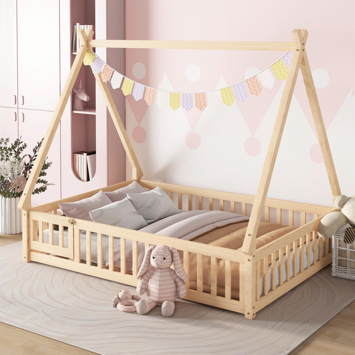 Mirightone Full Size Montessori Tent Floor Bed with Slats and Guardrails in Natural Wood Mirightone
