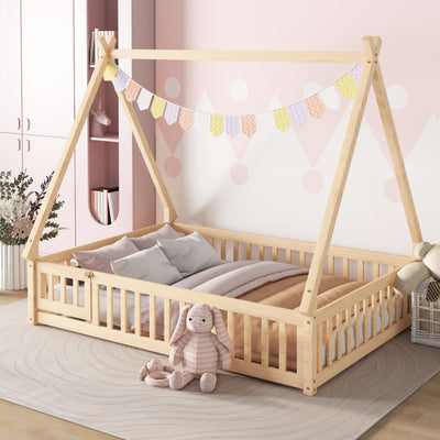 Mirightone Full Size Montessori Tent Floor Bed with Slats and Guardrails in Natural Wood