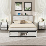 Wooden Full Size Bed Frame with Headboard – Boho White Rustic Farmhouse Storage Platform Bed with Charging Station & Sliding Barn Door Footboard, No Box Spring Needed, Noise-Free, Solid Wood Slats QNICE