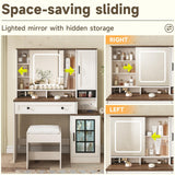 Vabches Makeup Vanity Desk with Sliding Mirror, 41.8'' White Farmhouse Vanity Table with Stool, Jewelry Cabinet & Charging Station, Large Drawer, Visual Cabinet, 3 Lighting Modes, Adjustable Shelves Vabches