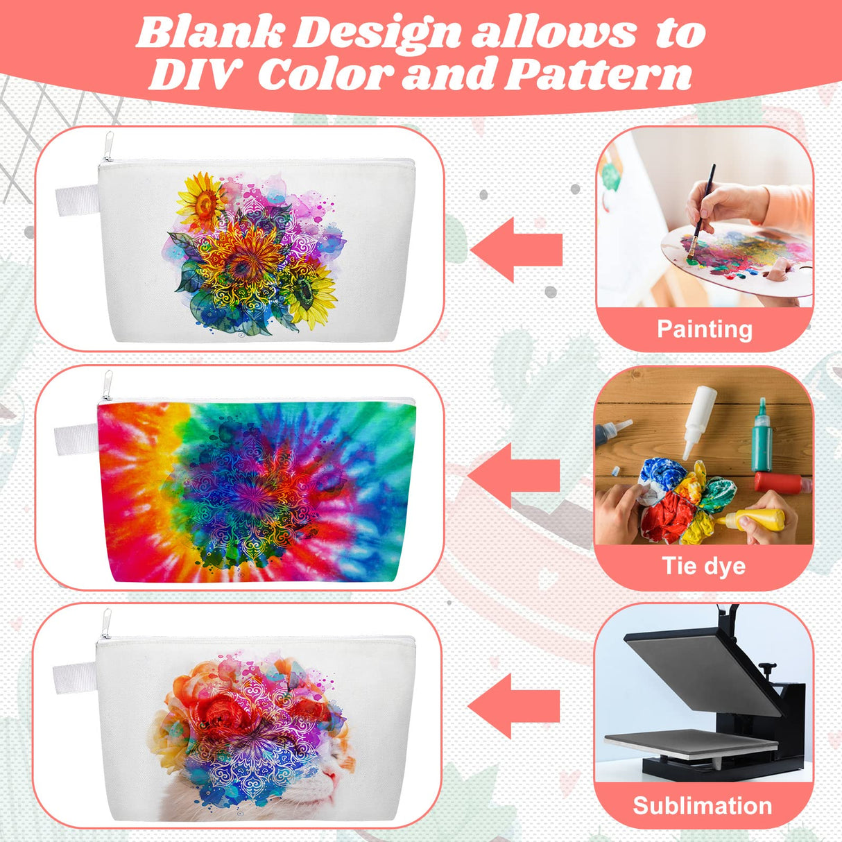 Saintrygo 40 Pcs Sublimation Makeup Bags Blank Canvas Bag DIY Heat Transfer Cosmetic Makeup Bags Sublimation Cosmetic Canvas Pouch for Travel Toiletry DIY Crafts(5 x 10 x 1.8 Inches) Saintrygo