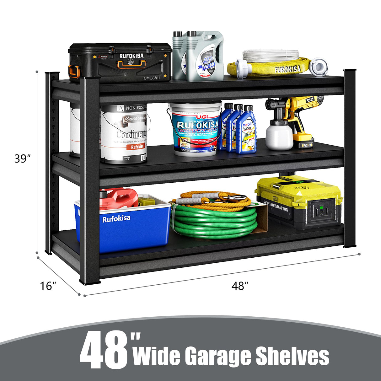 Rufokisa 48" W 3-Tier Garage Shelving Heavy Duty, 1680LBS Loads Garage Storage Shelves, Metal Shelving Units and Storage Racks, Industrial Utility Shelf Heavy Duty,48" Wx16 Dx39 H, Black Rufokisa