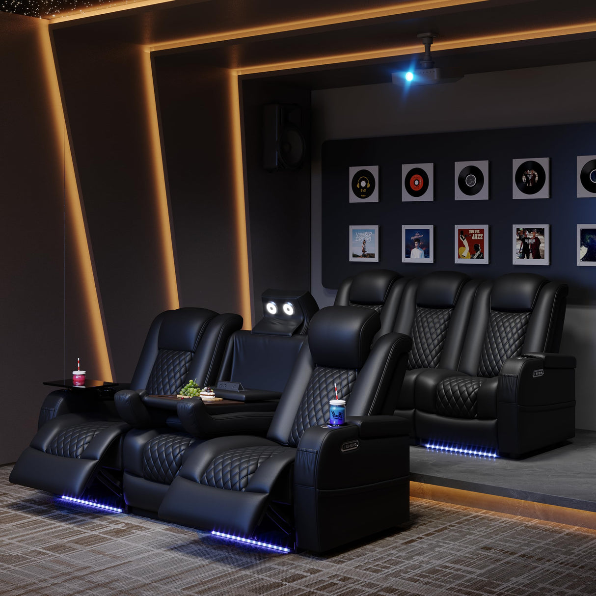 Airadlis Home Theater Seating Seats, Movie Theater Chairs Theater Recliner with 7 Colors Ambient Lighting, Lumbar Pillow, Touch Reading Lights, Tray Table (Black, Row of 3) Airadlis