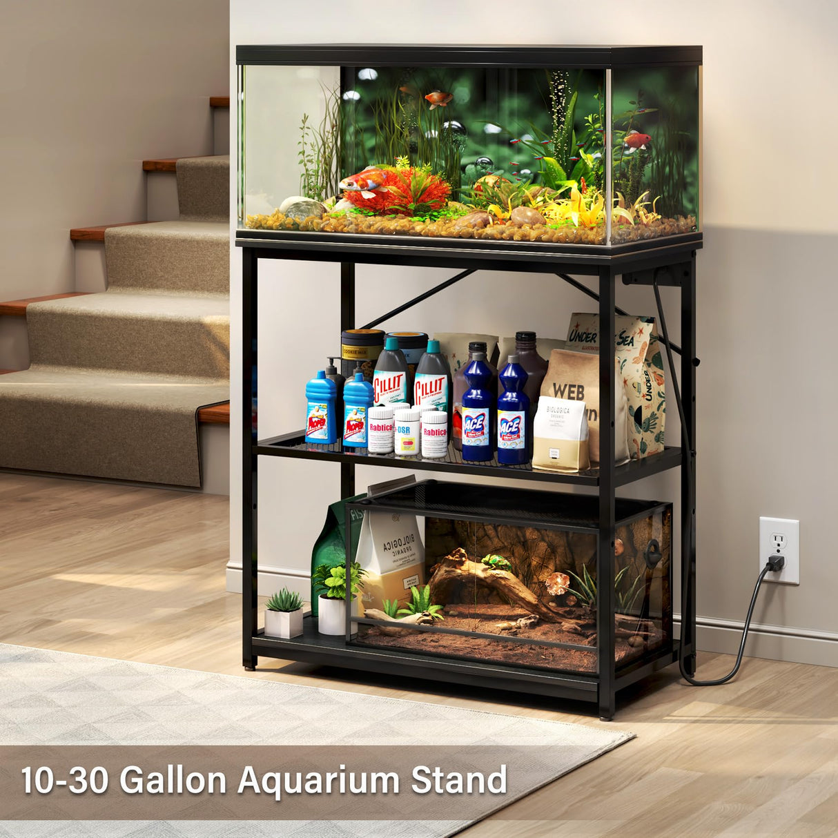TC-HOMENY Fish Tank Stand 10-30 Gallon, 1000LB Capacity Aquarium Stand with Charging Station，31" L x 16" W Metal Reptile Tank Stand, Double Storage Design Adjustable Boards, Black (Tank not Included) TC-HOMENY