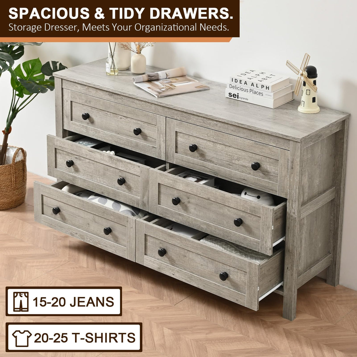 HALLYBEE Farmhouse 6 Drawer Dresser for Bedroom, 54" Long Wood Chest of Drawers with Round Metal Handle, Storage Dresser Organizer, TV Stand Dresser for Bedroom, Living Room, Hallway, Light Rustic Oak HALLYBEE