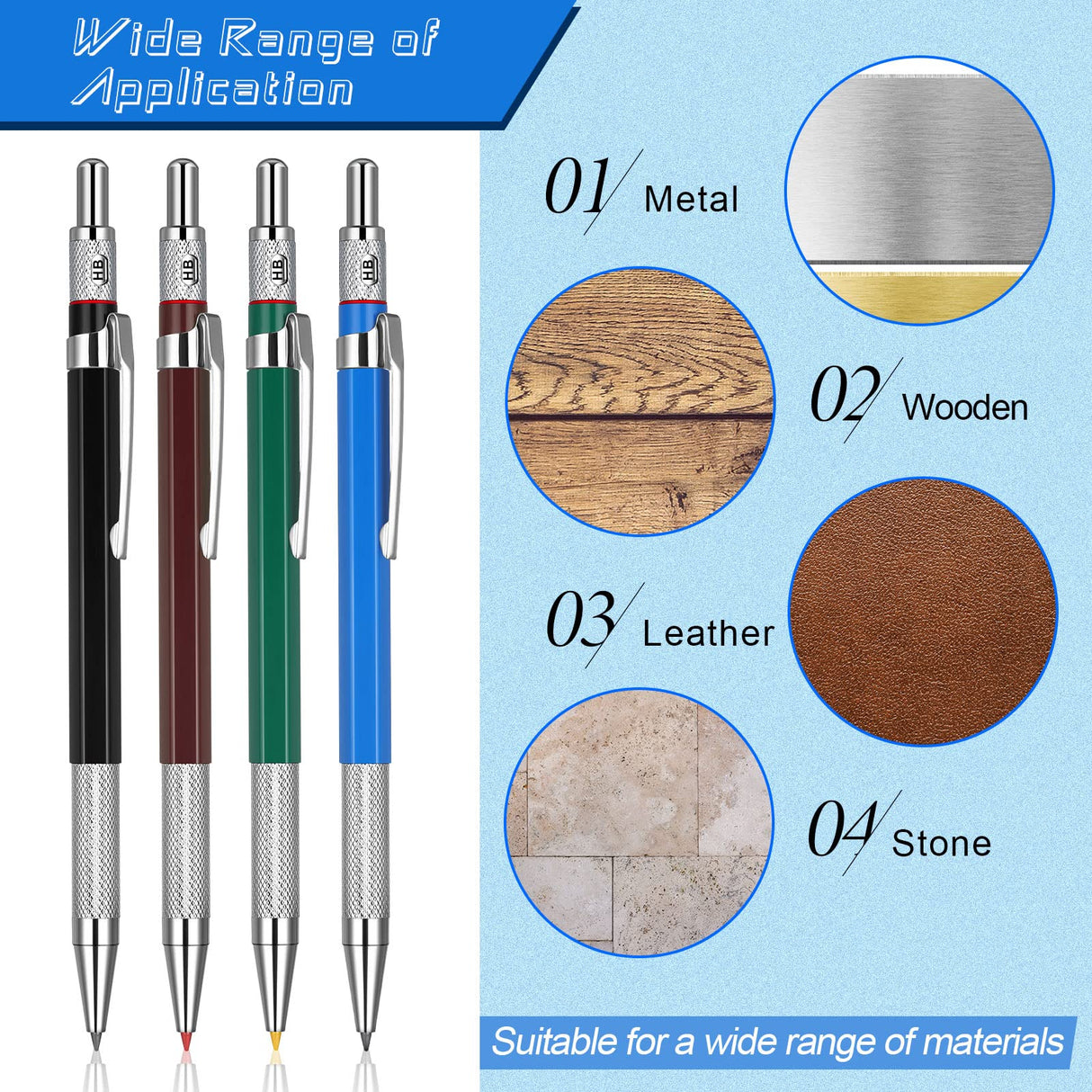 Nezyo 4 Pieces Welder Pencil with 60 Pieces Round Refills Mechanical Pencil Metal Marker Pen for Construction Workers, Metal Work, Welders, Plumbers, Framers (Black, Red, Yellow, Silver) Nezyo