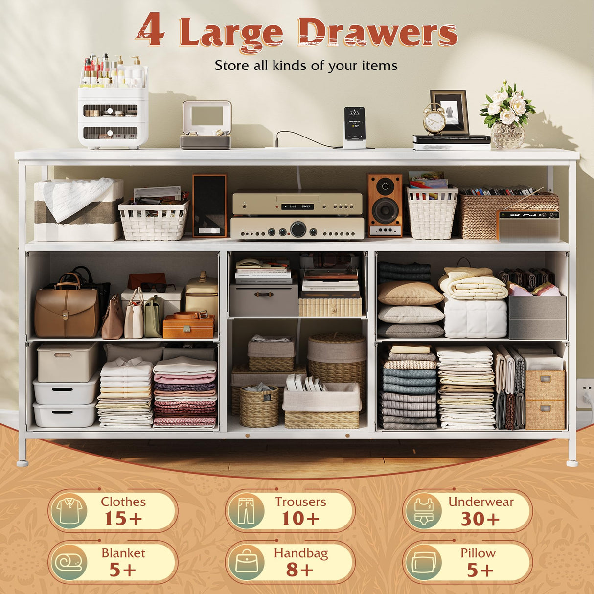 TV Stand Dresser with LED Lights & Power Outlets, Entertainment Center for 50" Inch TV, 5 Drawers TV Stand for Bedroom Dresser with Shelves for Living Room, Sturdy Metal Frame, White EnHomee