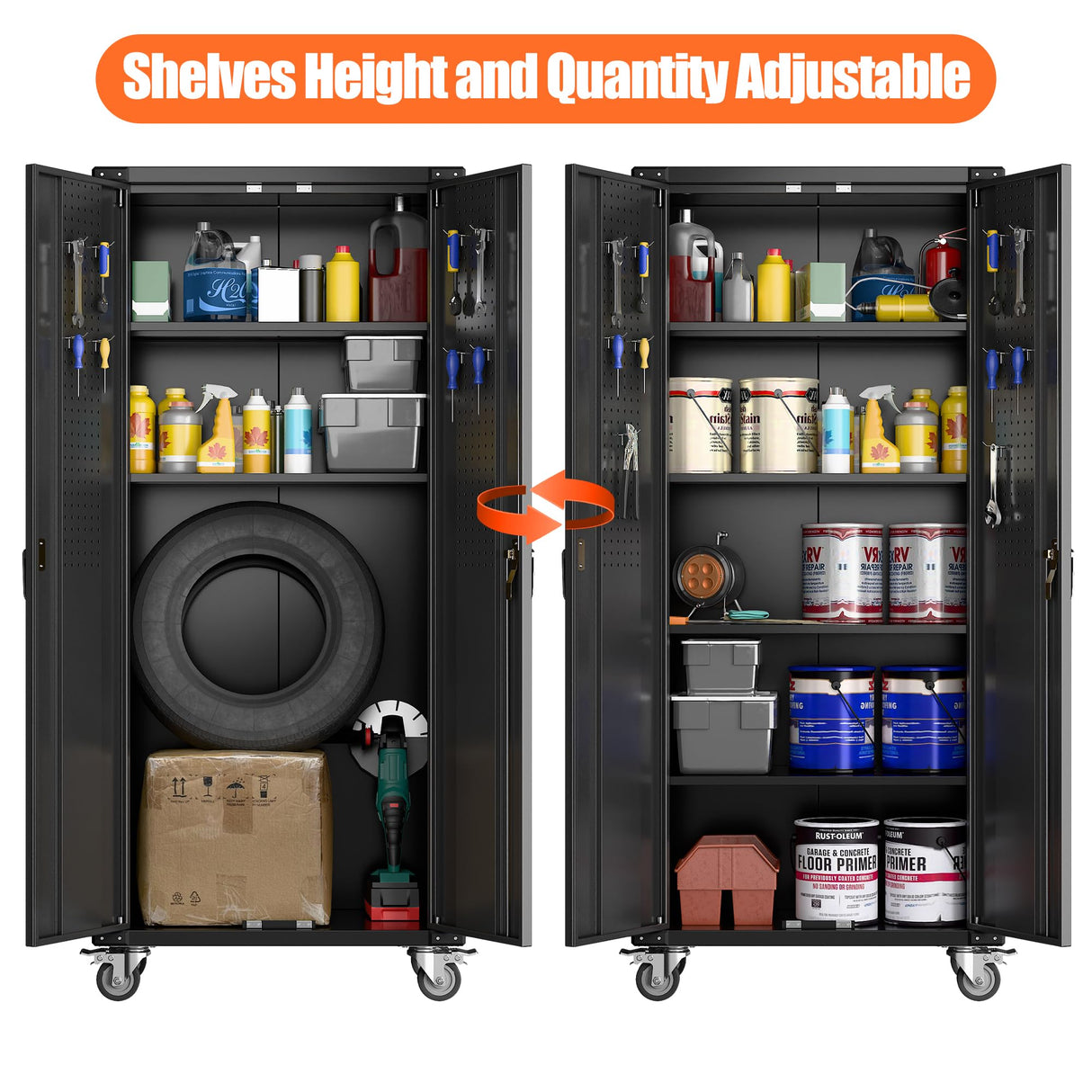 SUXXAN Metal Storage Cabinets with Wheels, 72" Steel Lockable Storage Cabinet with Adjustable Shelves Pegboards and Hooks for Office School Garage Warehouse Utility Room, Assembly Require, Black SUXXAN