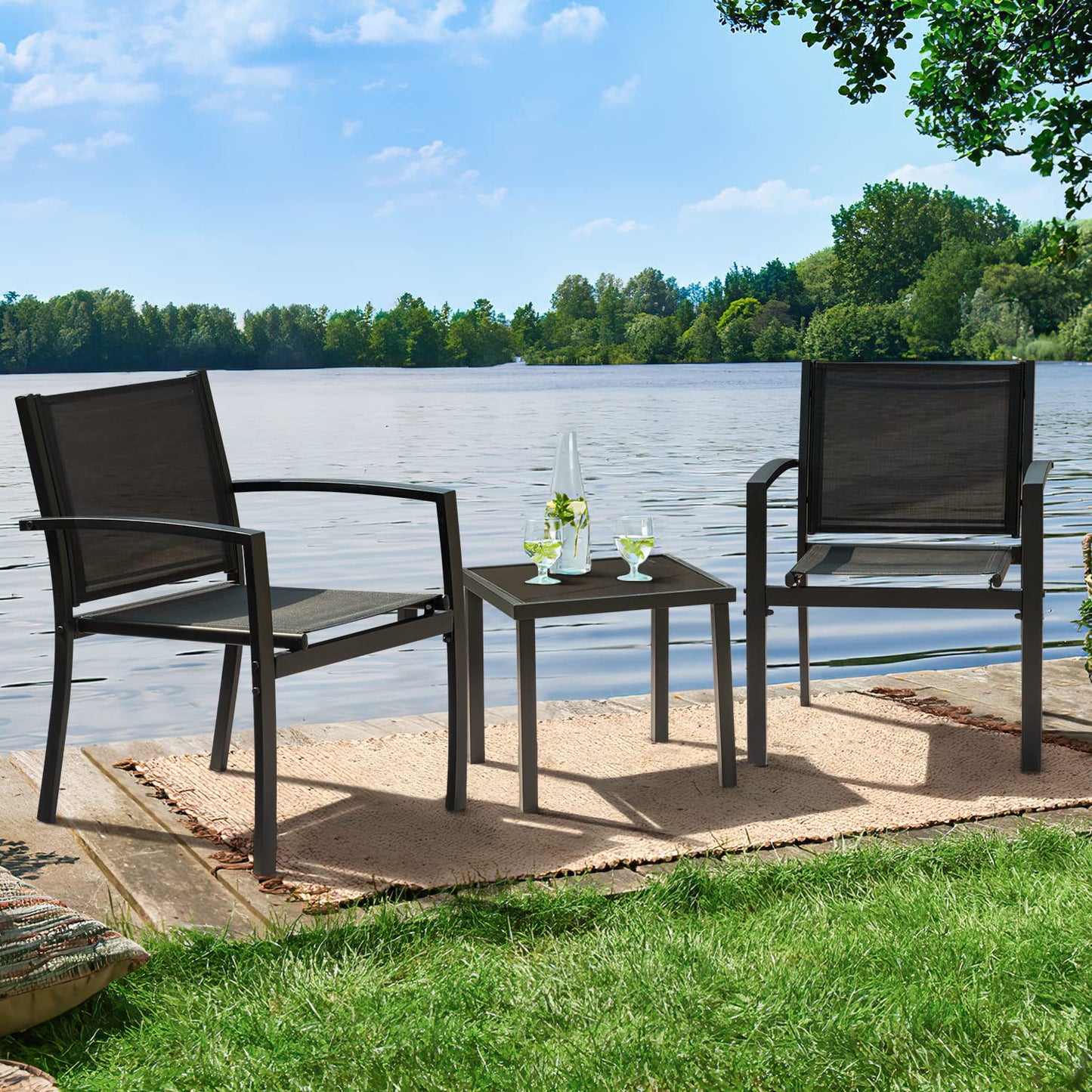 Greesum 3 Pieces Patio Furniture Outdoor Bistro Set Textilene Fabric Chairs for Lawn, Garden, Balcony, Poolside with A Glass Coffee Table, Black - WoodArtSupply