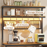 Itaar Bakers Rack with Power Outlet, 6-Tier Coffee Bar, Microwave Stand with Wine Rack, LED Lights and 10 Hooks, Bakers Racks for Kitchens with Storage, Rustic Brown Itaar