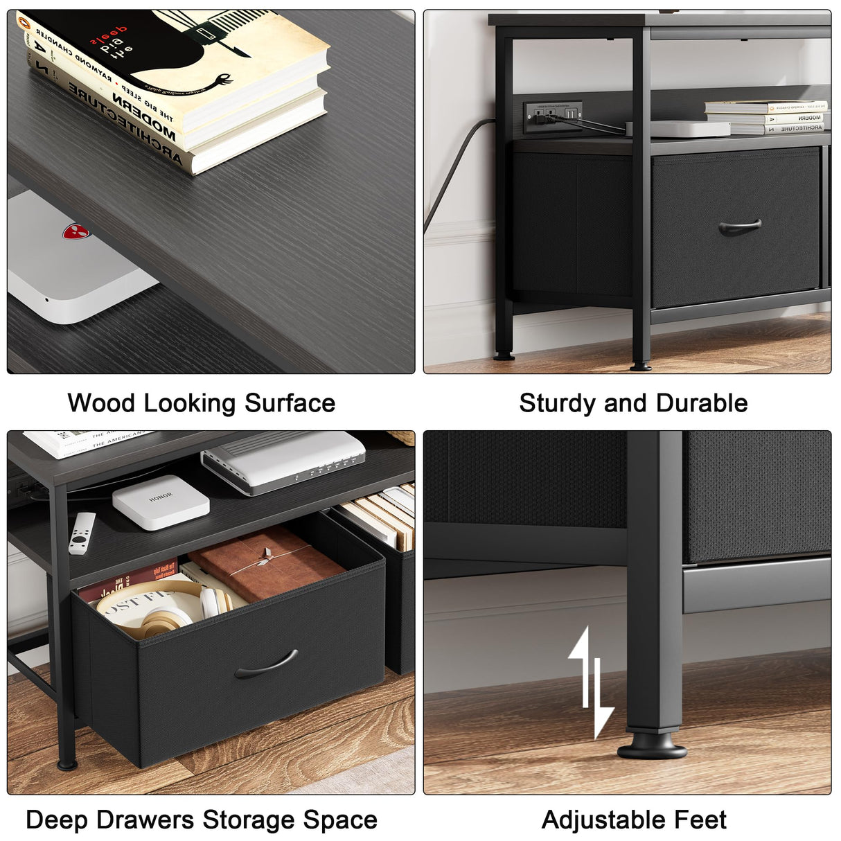 J-yaamiZz 39" Dresser TV Stand for TVs up to 50", Media Console with LED Lights, Charging Station & 2 Drawer Storage Chest, Gaming Entertainment Center with Storage for Bedroom (Black, 39 in) J-yaamiZz