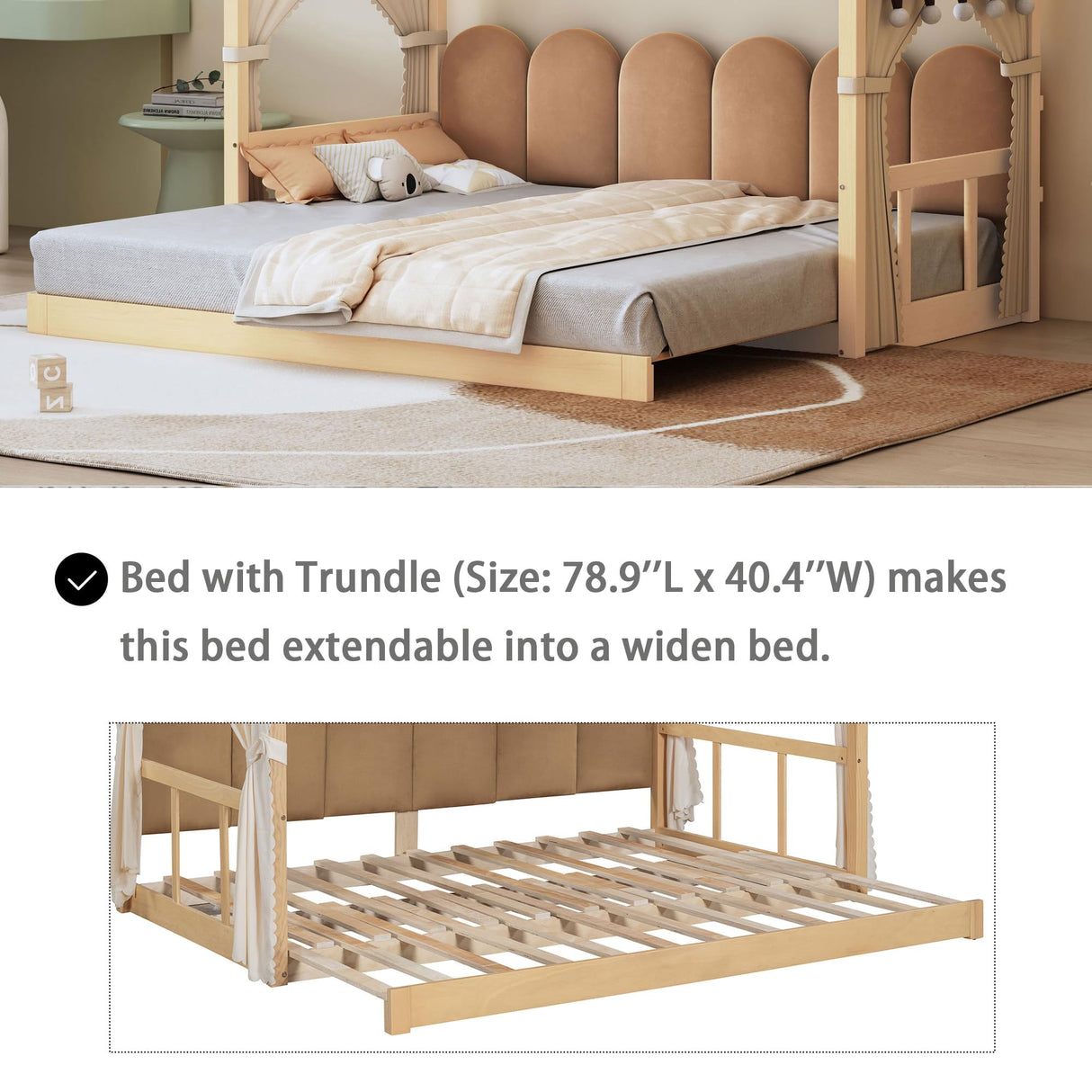 Polibi Twin Size Extended Bed with Arched Canopy, Trundle and Light Strip, Wooden Canopy Bed with Whiteboard (Natural) Polibi