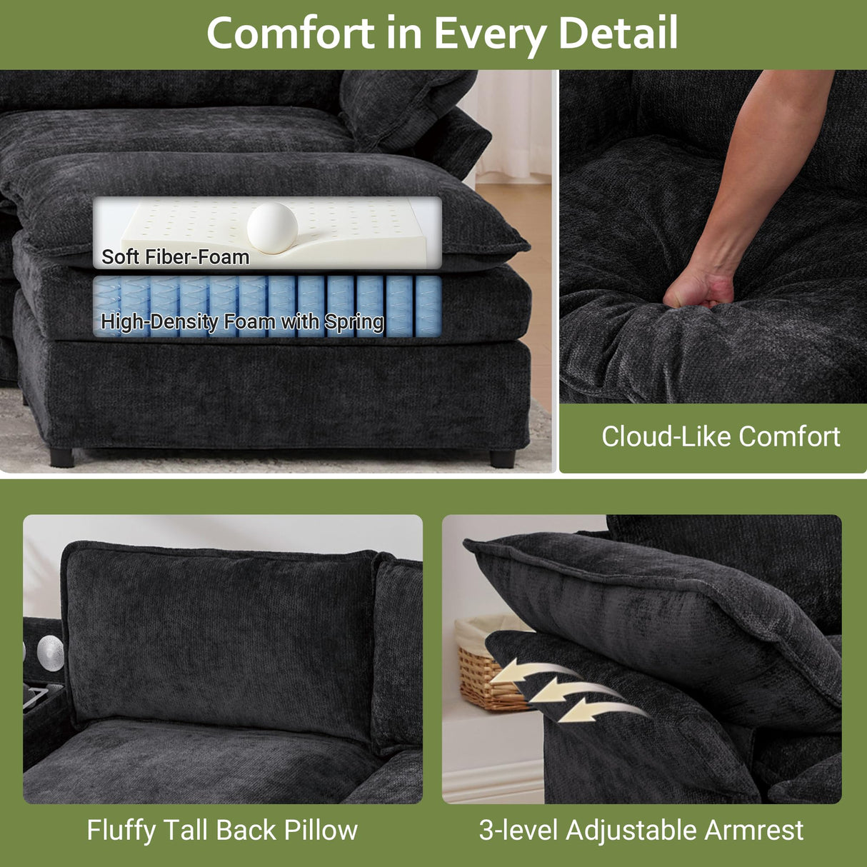 EYATZO 124" U Shaped Cloud Couch, Modular Sectional Sofa with Movable Ottomans, Modern Deep Seat Sofas for Living Room, Comfy Chenille Sectionals with Central Console & Bluetooth Speakers (Black) EYATZO