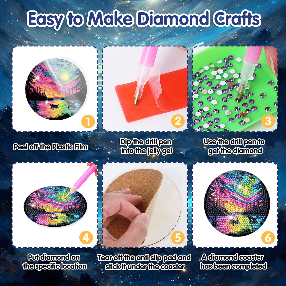 Sitsink Moon Landscape Diamond Art Coasters - 8 Pcs DIY Moon Landscape Northern Lights Adult Diamond Painting Coasters Kits with Holder for Adults Beginners Gift Crafts Supplies Sitsink