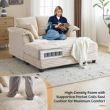 VINGLI 56" Oversized Chaise Lounge Chair, Beige Comfy Corduroy Chaise Sofa Recliner Bed Upholstered Sleeper Couch Bed with Throw Pillows and Armrests for Living Room, Movie Room, Bedroom VINGLI