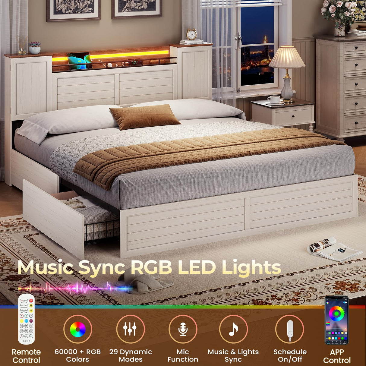 VIAGDO Farmhouse King Bed Frame with Headboard and Double Barn Door Storage Cabinets, Rustic Wooden Bed Frame King Size with Charging Station, 4 Drawers and LED Lights, No Box Spring Needed, White VIAGDO