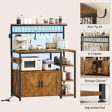 TVU Bakers Rack with Power Outlet and LED Light, Microwave Stand with Storage Cabinet, Coffee Bar Cabinet Station with 6 Hooks for Kitchen, Dining Room, Living Room, Coffee Bar, Rustic Brown TVU
